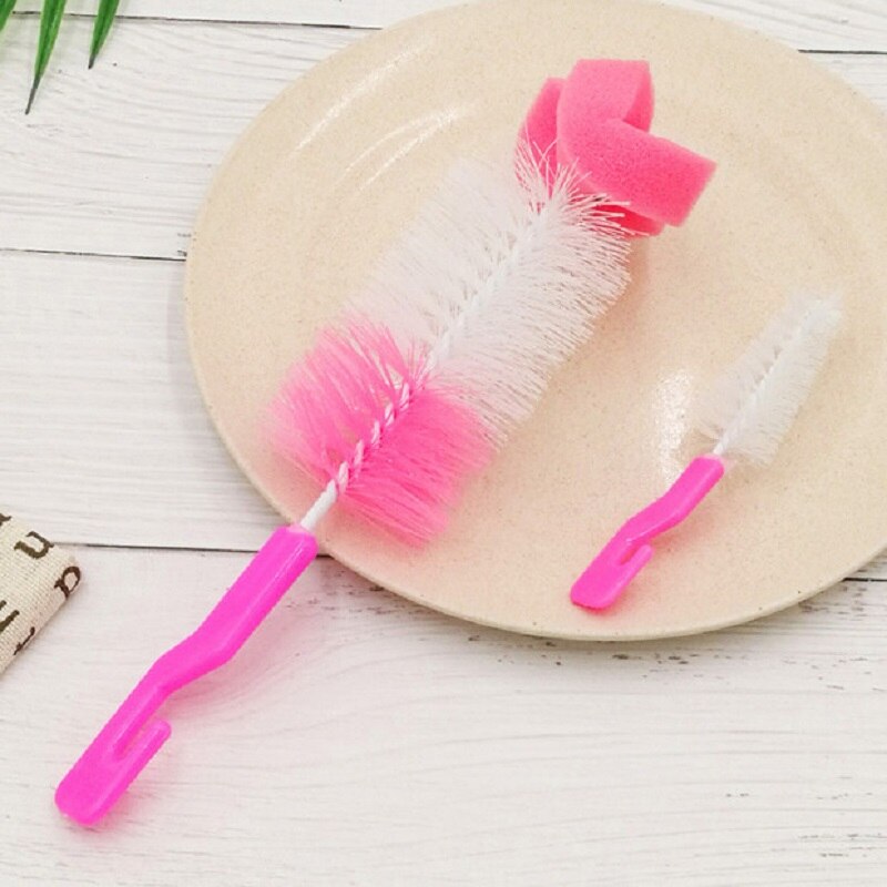 Baby tepel melk fles beker spons reiniger baby borstvoeding fles nylon borstel 2 stuks set haak ophangring: Roze
