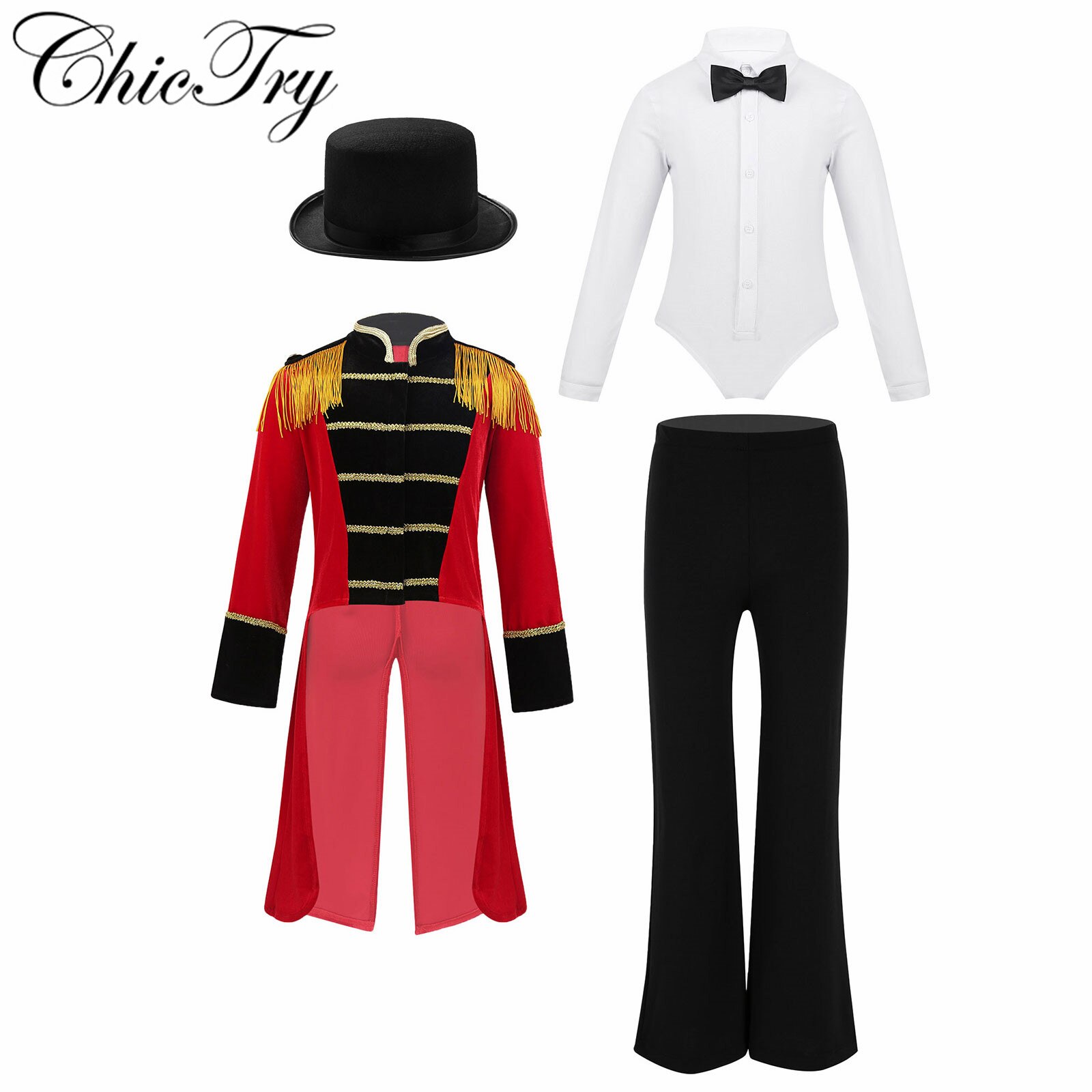 Disfraz de maestro de ceremonias de circo para niños, Pelele con pajarita, camisa, Top de fieltro para Halloween, Cosplay, vestido de