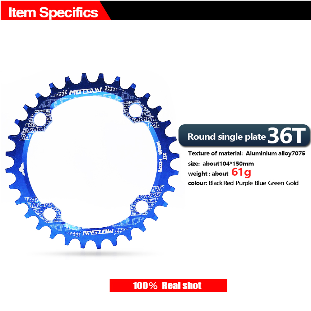 MOTSUV 104BCD Narrow Wide 38T 36T 34T 32T Bicycle Chainring,BCD 104 with 4 Bike Steel Screws, Single 12 11 10 9 8 Speed,Plato MT