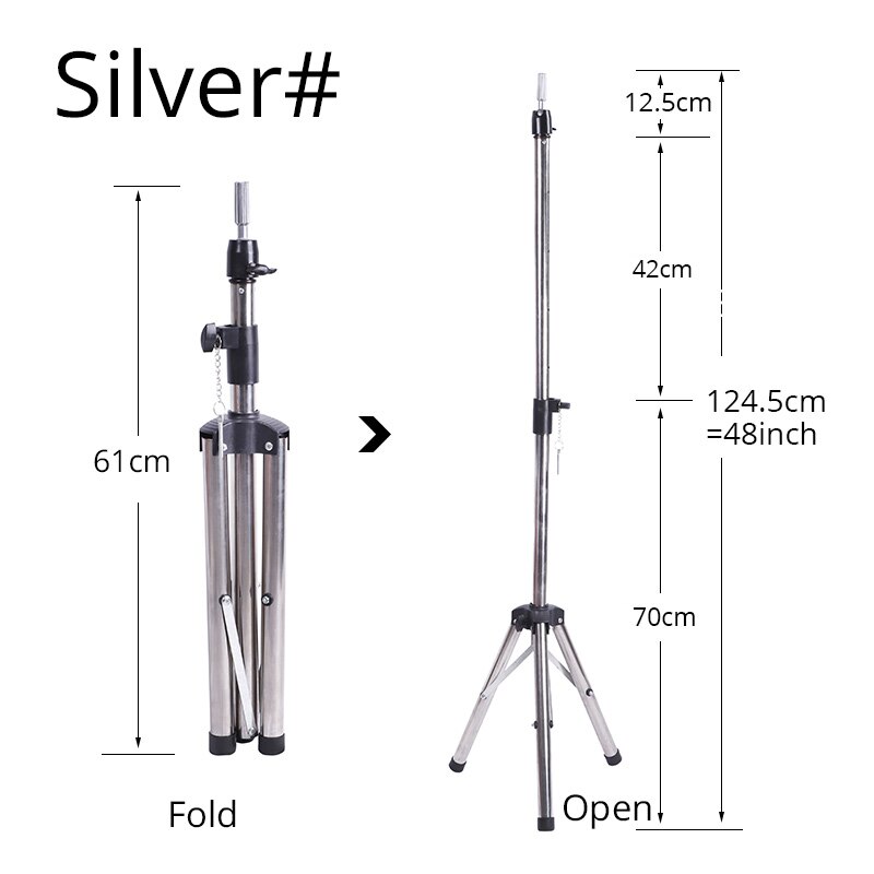 Mannequin Head Tripod Wig Holder Black Adjustable Tripod Stand Holder For Training Head Mini Normal Two Size Strong Wig Stand: Medium  silver