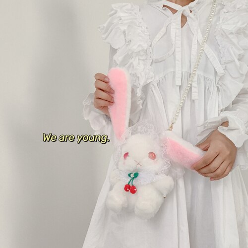 Bolso de conejo japonés Lolita para chica joven, bandolera suave con cadena de perlas, billetera: Red Eye