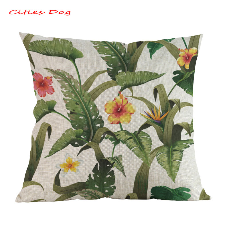 Cojín con de hojas de plantas tropicales, cojines decorativos para kussenhoes, funda de almohada de lino: R