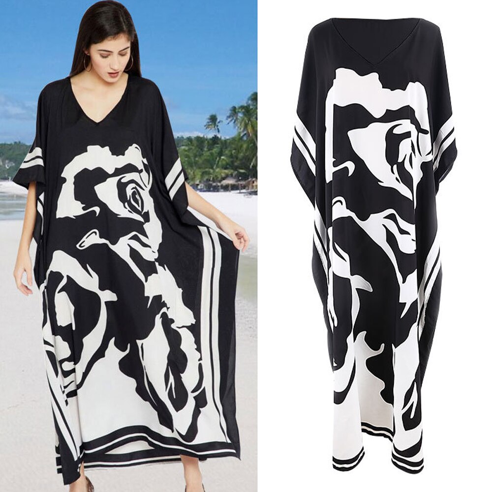 Zwarte Bloemen Print Beach Cover Up Sneldrogende Bohemian Print V-hals Zomer Jurk Strand Tuniek Vrouwen Beachwear Kaftan