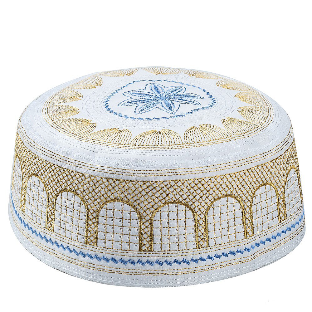 Muslim Men's Embroidery Prayer Hat Islamic Kufi Prayer Cap Muslim EID Ramadan Habib's Caps Husband Arabian Beanie Skull Hats: Gold / 57cm