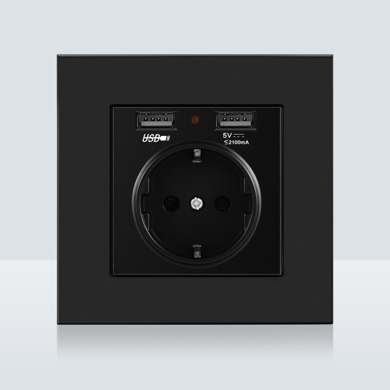 Dual USB Charging Port 16A Wall EU Russia Socket Power Outlet Glass Panel PC Panel Black Color