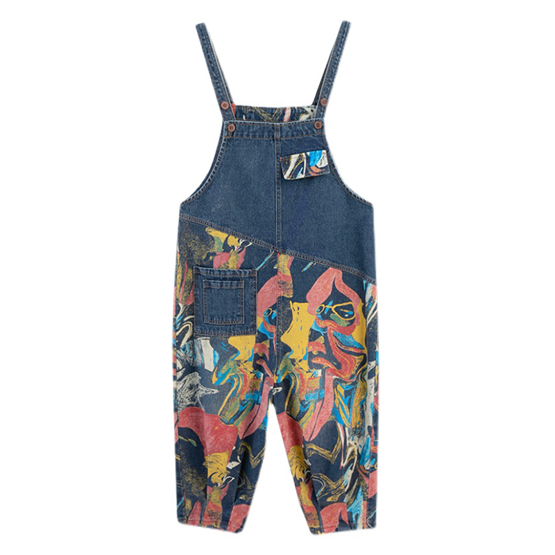 Streetwear patchwork print denim jumpsuits kvinder løse vide ben dungarees baggy bukser sparkedragter forår sommer jeans overalls