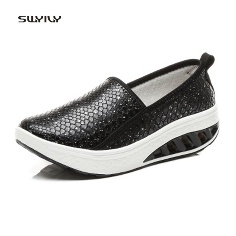 SWYIVY Women Slimming Shoes PU Glossy Wedge Swing Shoes Large Size42 Outdoor Fitness Shoes Lose Weight Lady Toning Shoe