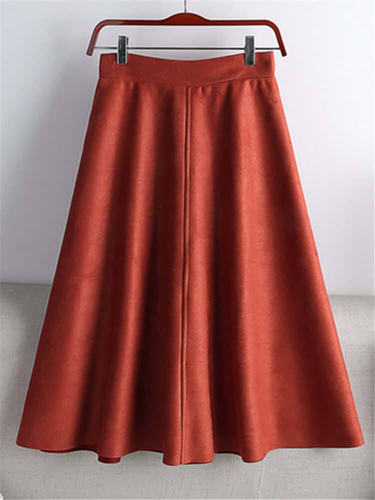REALEFT 2023 Otoño Invierno mujeres gamuza Midi faldas de cintura alta multicolor A-Line faldas paraguas señoras falda femenina: Rojo
