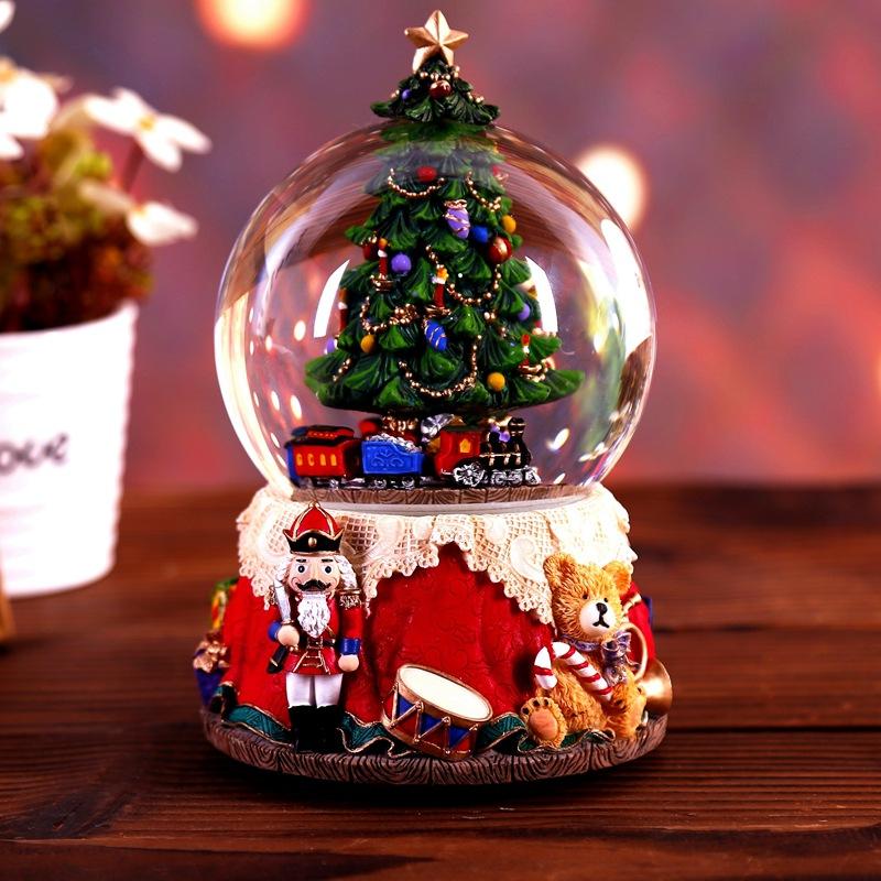 Resin Music Box Crystal Ball Snow Globe Glass Lights With Speaker Spinning Christmas Tree Crafts Desktop Decoration