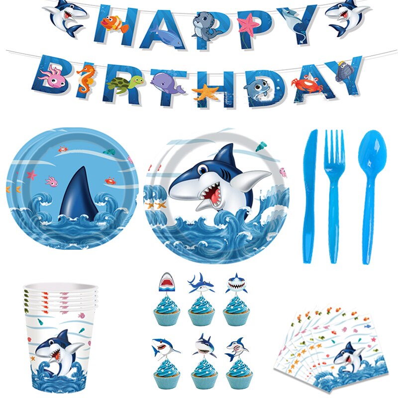 Blue Shark Ocean Theme Birthday Disposable Tableware Under The Sea Plates Napkins Happy Birthday Party Decor Kids Baby Shower