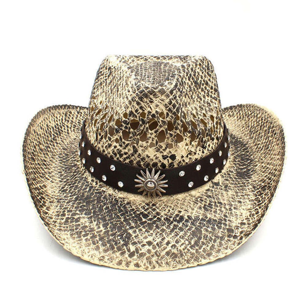 100% Straw Men Western Cowboy Hat Handmade Weave Dad Sombrero Hombre Cowgirl Jazz Caps Punk Belt Band Size 56-58CM: C9 CAO