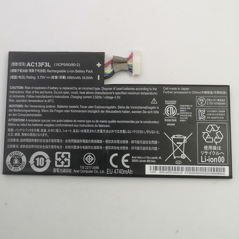 Laptop Battery for ACER Tab A1-a810 Ac13f3l Battery 3.75v 4960mah/18.6wh