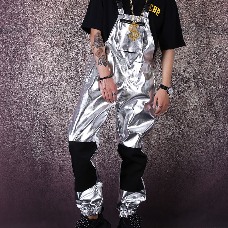 Men Hip Hop Punk Streetwear Silver Leather Overalls Jumpsuit Pant Male Women Casual Bib Pant Harem Trouser Stage Costume