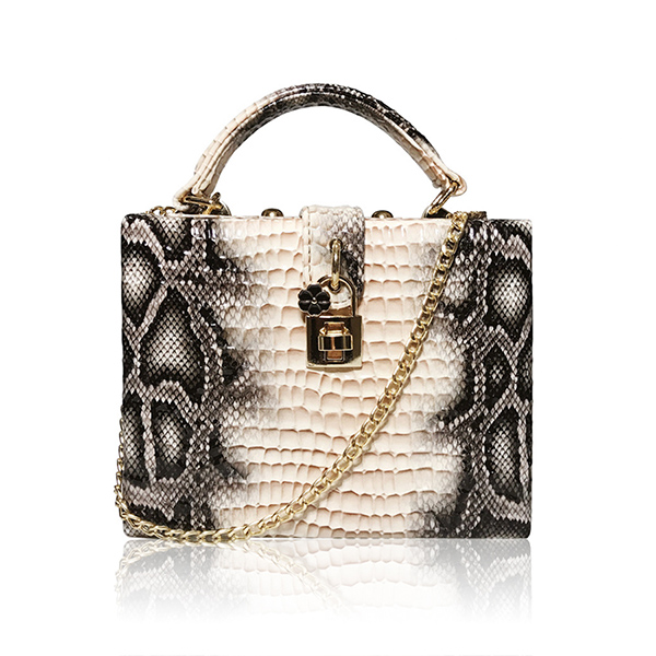 Serpent impression boîte sac à main femmes Serpentine serrure petit carré PU soirée pochette sac à bandoulière dames dîner fête sac à main personnalité: beige