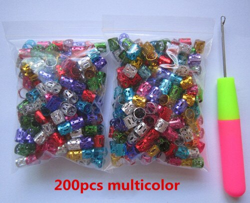 200Pcs/Lot hair braid dread dreadlock beads diy adjustable cuffs clips for women men hair accessories+ 1pcs free crochet needle: 200pcs multicolor