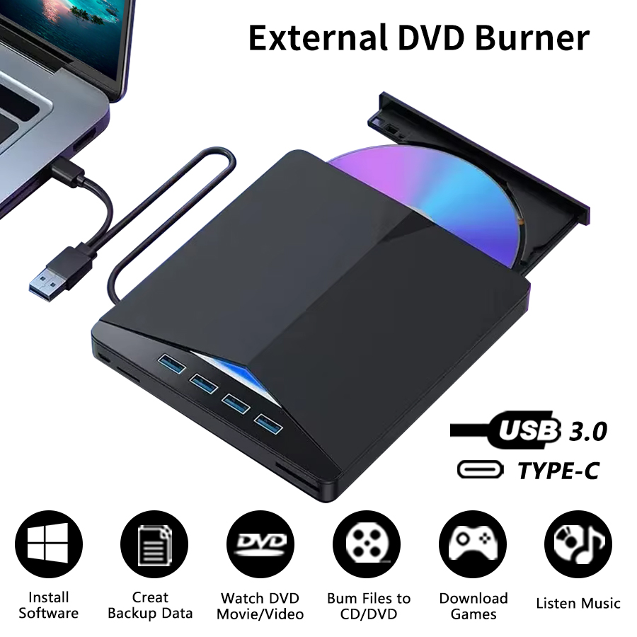 7-in-1 USB 3.0 Type C External CD Player Tray Type Optical Drives DVD Burner Reader Disk Drive for PC Computer Laptop Notebook