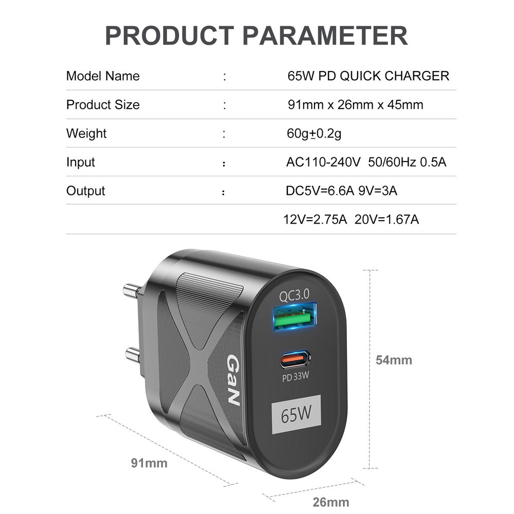 Uslion Gan 65W Usb Type C Lader Snel Opladen Qc 4.0 QC3.0 Pd Usb C Lader Draagbare Snel Opladen voor Iphone 13 12 11 Macbook