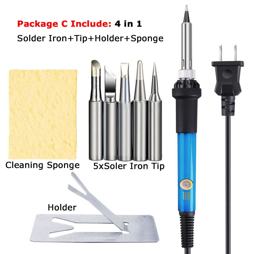 60W Electric Soldering Iron Welding Tool Kit Set Ceramic Heater Adjustable Temperature w/ Solder Pump Wire Tweezer Tip 110/220V: Package C / EU