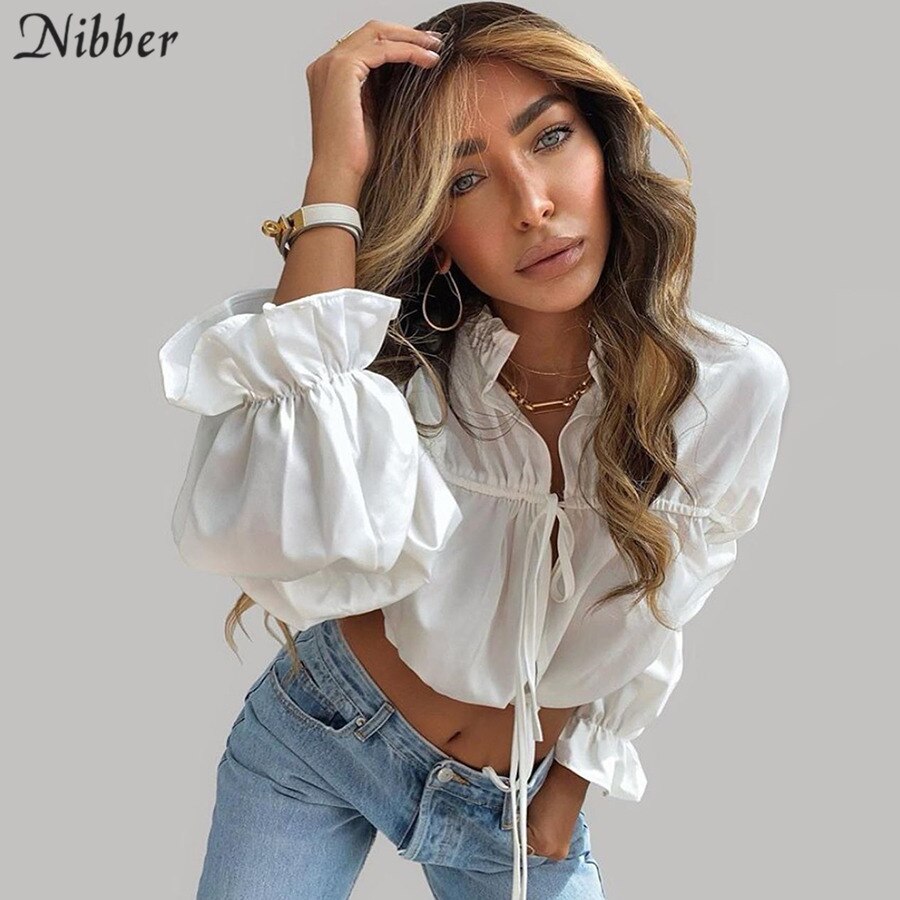 Nibber Sxey lace up Hollow puff sleeve tshirt for women fall Clothing O neck Ruffles long sleeve corp top mujer