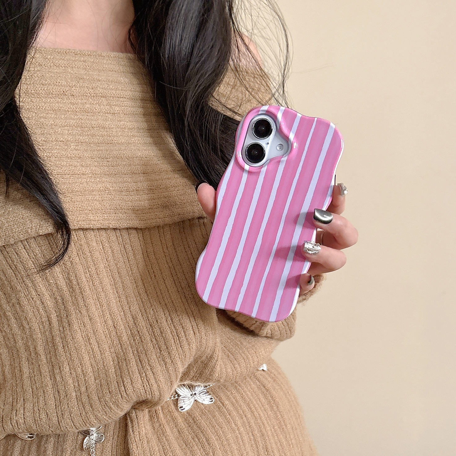 2 in 1 Glossy Stripes Phone Case for iPhone 13 14 15 16 Pro Max Wave Edges Comfortable Touch Hard Slim Back Cover Shell