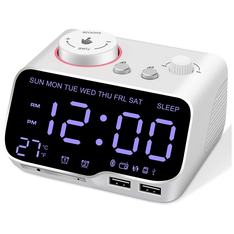 Digital Alarm Clock Radio Bluetooth Speaker,12/24 H,Dimmer,Dual Alarm,Snooze,Thermometer,Sleep Timer White US Plug: Default Title