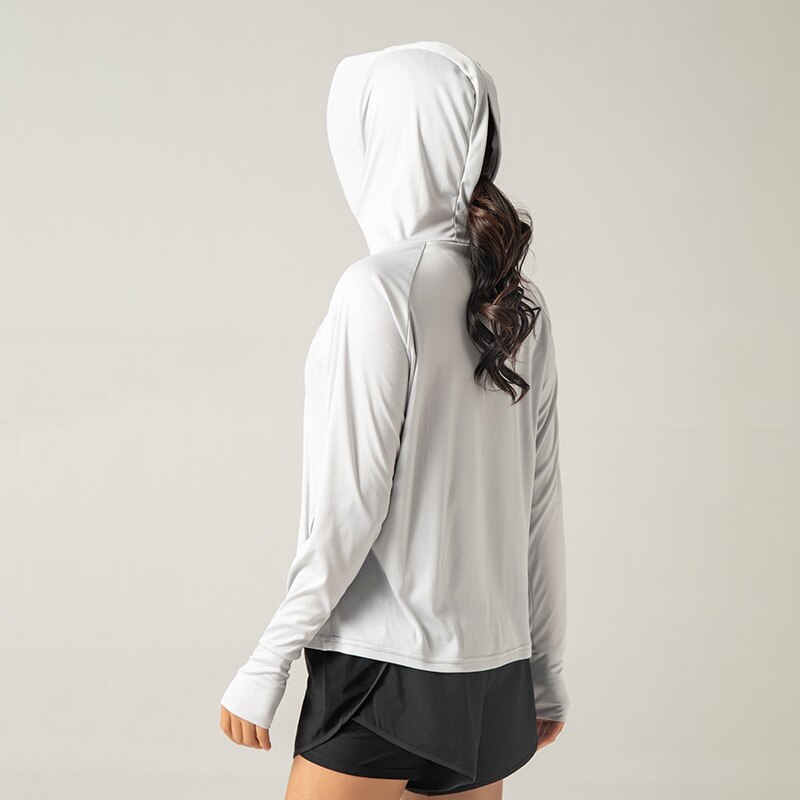 Chaqueta de protección solar para mujer, ligera, transpirable, con cremallera elástica, para correr al aire libre, traje de fitness con capucha, resistente al sol, camisa deportiva a prueba de viento