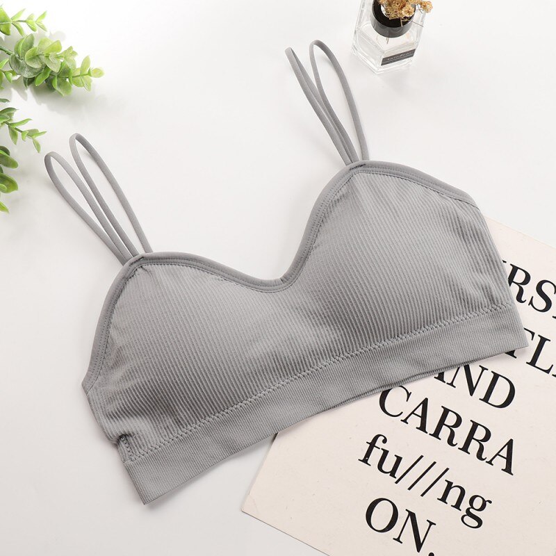 Seamless Bra Women Beauty Back Solid Color Striped Wire Free Cotton Padded Stretchy Comfortable Bralette: Gray