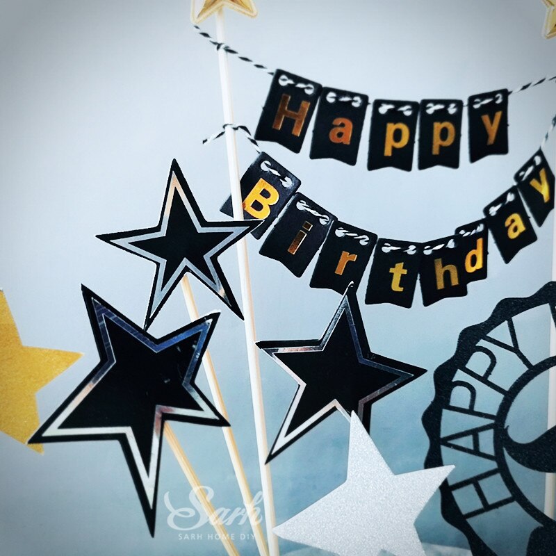 Decoração de bolo com borla "feliz aniversário", chapéu da estrela dourado preto com borla "feliz aniversário" coleção de bolo, presentes de festa de aniversário e casamento