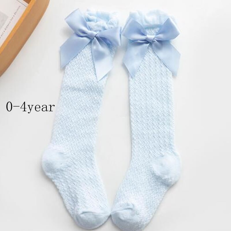 Baby Meisjes Sokken Knie Hoge Sokken Prinses Met Bogen Meisje Schattige Baby Sok Katoen Lange Buis Boog Strepen Kinderen Sokken: blue knee mesh bow