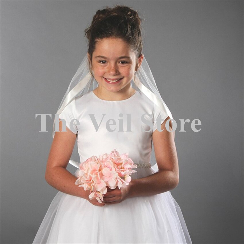 White Ivory Wedding Flower Girls First communion Veils with comb Children Kids Tulle Veil Satin Edge Voiles Fille velos de Novia