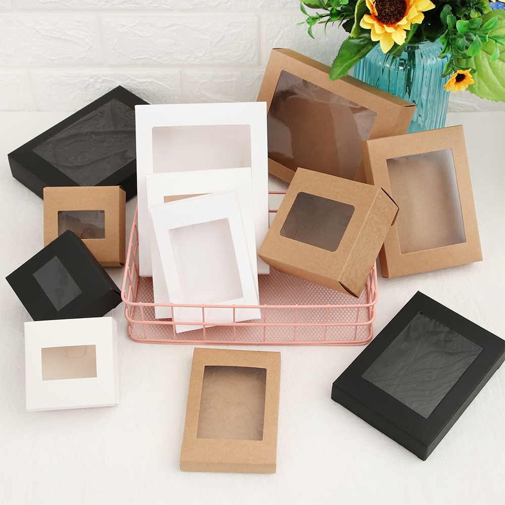 10Pcs Vintage Kraft Papier Box Kuchen Paket Klar PVC Fenster Süßigkeiten Verpackung Tasche Hochzeit Geburtstag DIY Party gefälligkeiten