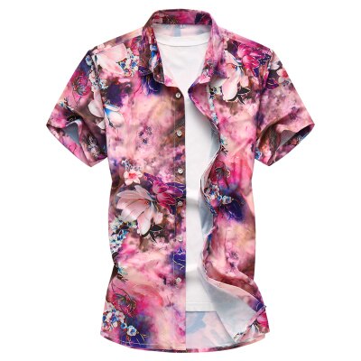 Summer Men's Flower Shirt Print Short Sleeve Shirt Mens Clothing Trend Casual Mens Floral Social Shirts M-7XL: Red / XXXL