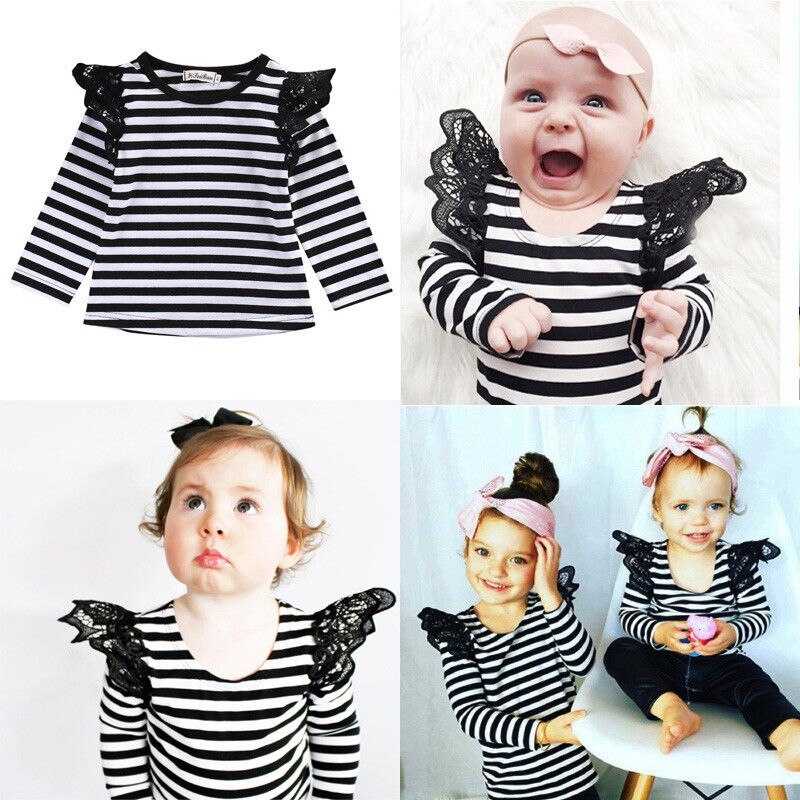 Neonato Vestiti del bambino del cotone manica lunga autunno Infantile Bambini Bambino Della Ragazza Del Merletto Spalla T-Shirt Top Outfit