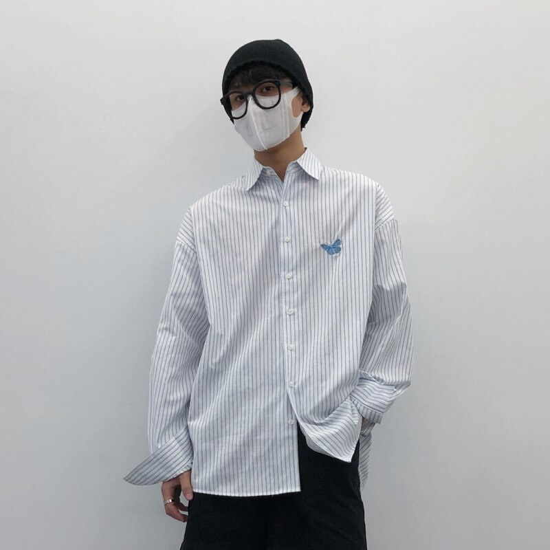 Iefb / herretøj sommerfuglbroderi koreansk stil skjorte afslappet par oversize stribet skjorte tidevandstøj 9 y 2669: Stribet langærmet / M