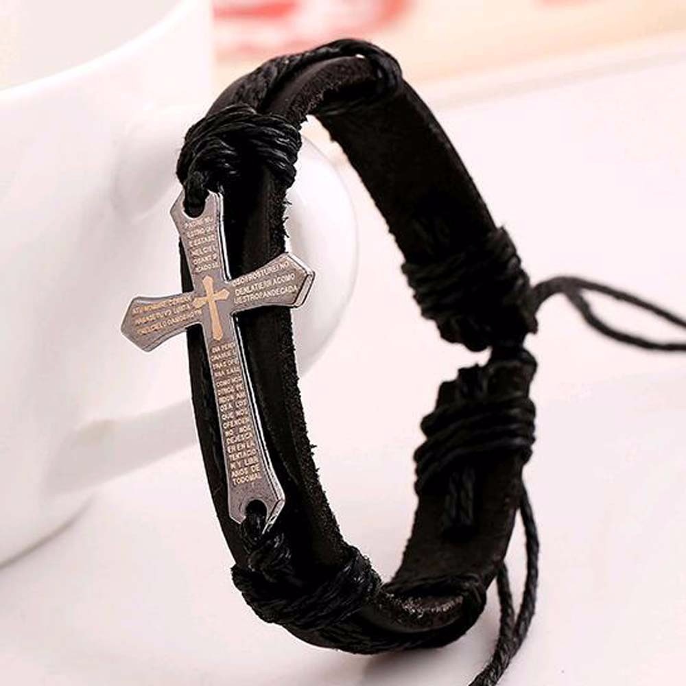 Neue Männer Frauen Schmuck Jahrgang Leder Armbänder &Ampere; Armreifen Metall Kreuz Jesus Charme Armbinde Einstellbar Wachs Schnur Armbinde