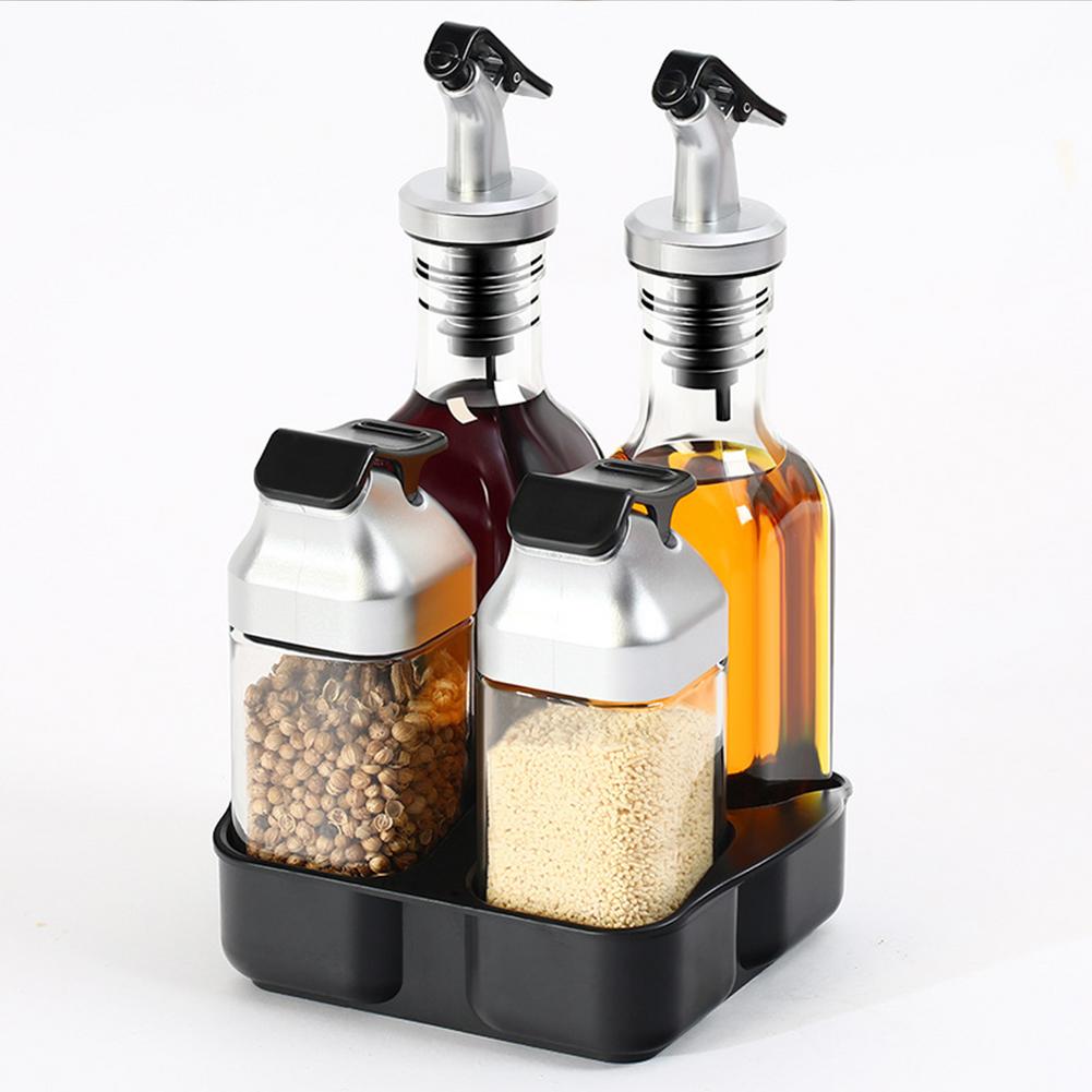 5Pcs Set Oil And Vinegar Salt Pepper Dispenser Set With Storage Tray Glass Bottle Stainless Steel Spout With Storage Tray: B