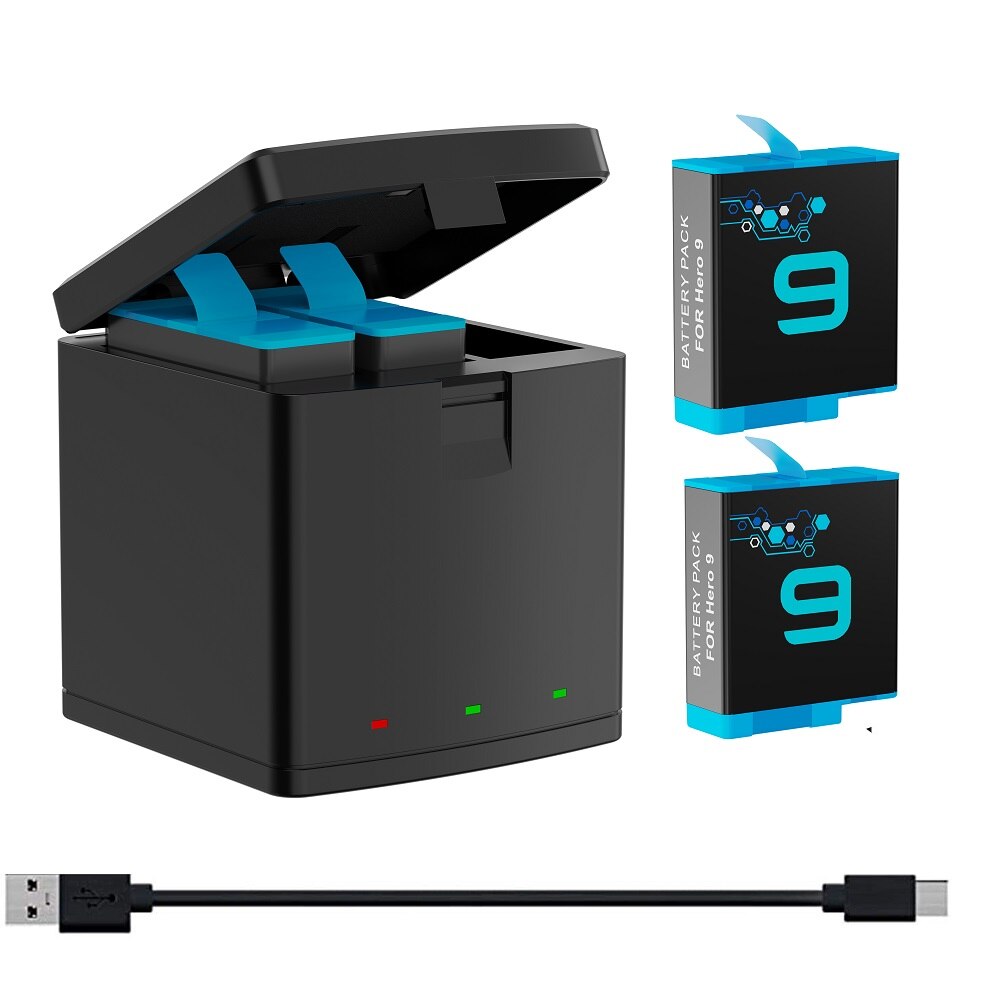 2000 mah batterier til gopro hero 9/10 batteri ,3- kanals usb oplader (fuldt kompatibel med officielt gopro 9 10 tilbehør): 1 oplader 2 batterier