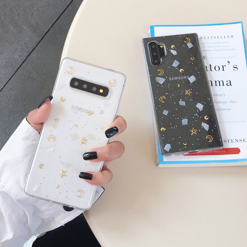 YHBBCASES Für Samsung Galaxy S8 S9 S10 Plus Bling Gold Sterne Mond Klar Weichen Fällen Für Samsung Note 10 8 9 Glitter Pulver Abdeckung