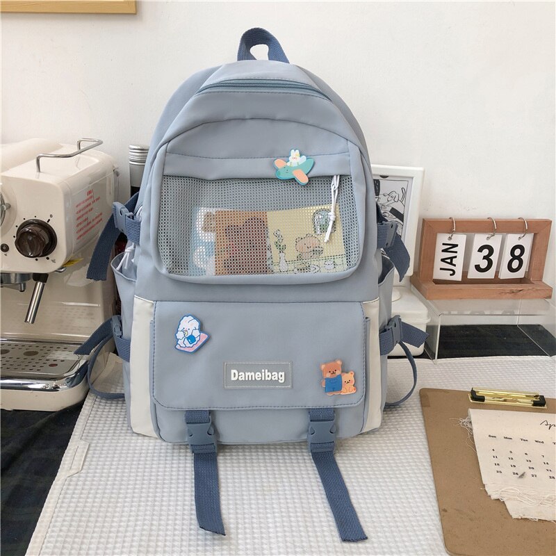 Nowe wiele kieszeni wodoodporny plecak nylonowy kobiet o dużej pojemności Kawaii tornister dla nastoletnich dziewczęca torba podróżna Mochila Bookbag: Niebieski / NO bear Pendant