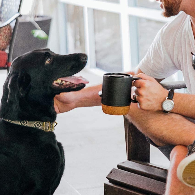 Coffee Cup, 15 Oz Ceramic Mug with Insulated Cork Bottom and Splash Cover, Large Cup with Handle, Black