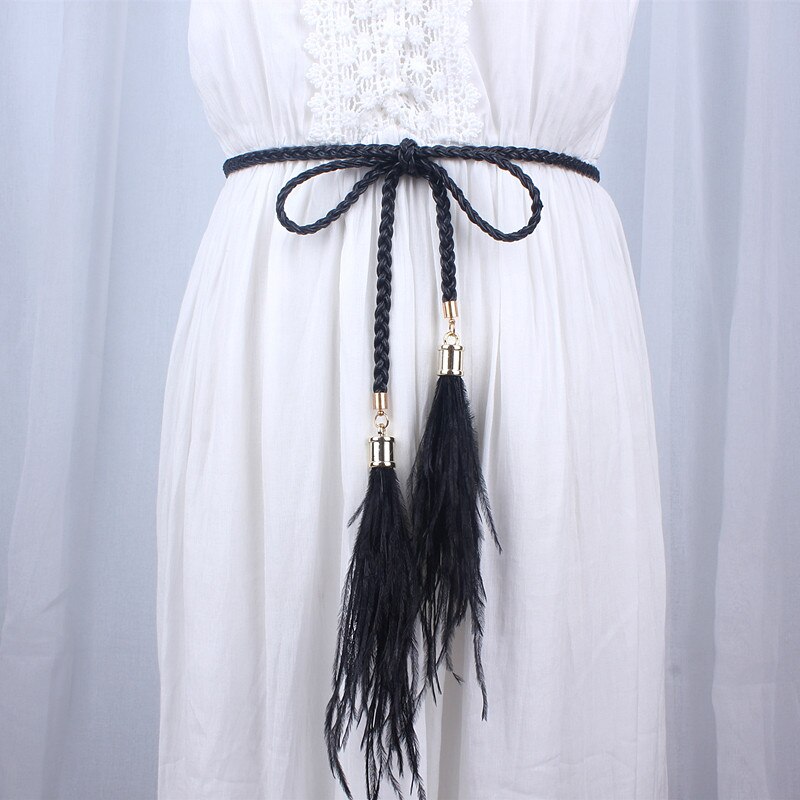 women knitted leather woven braid belt long tassel rope waist belts for dresses waistband knot decorated cotton string: black
