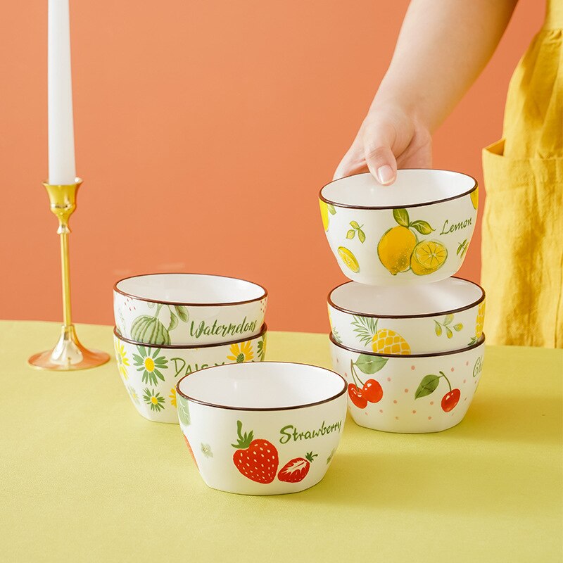 Ins Style Fruit dessiné à la main en céramique saladier assiettes ensemble bol à soupe bol de stockage vaisselle ensemble directe