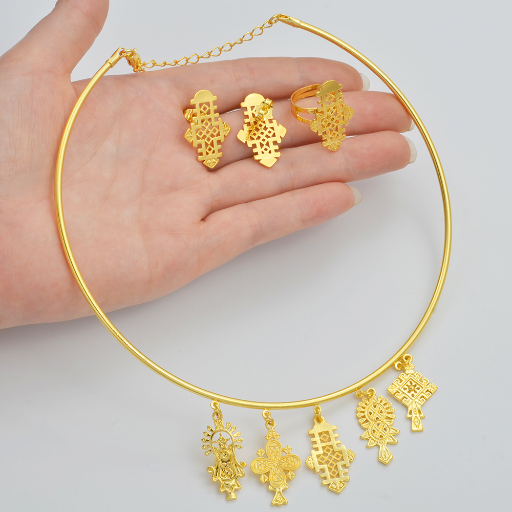 Ethiopian Eritrea Etnische Sieraden Sets Met Cross Chokers Oorbellen Ringen Voor Vrouwen Meisjes Afrika Huwelijksfeest #340006