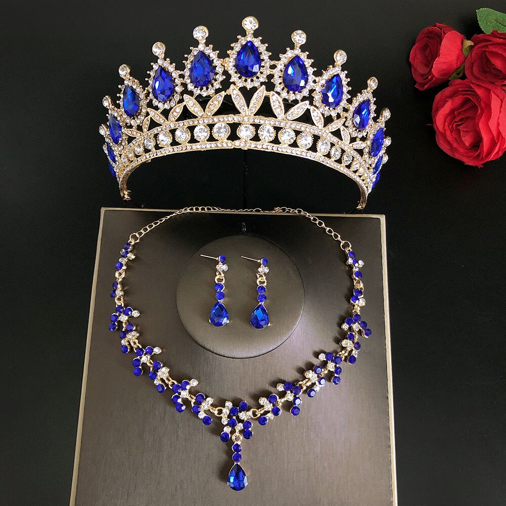 Barock Jahrgang Gold verrotten Kristall Braut Schmuck setzt Diademe Krone Ohrringe Halskette einstellen Frauen Hochzeit Dubai Schmuck-einstellen: 3Stck Blau einstellen