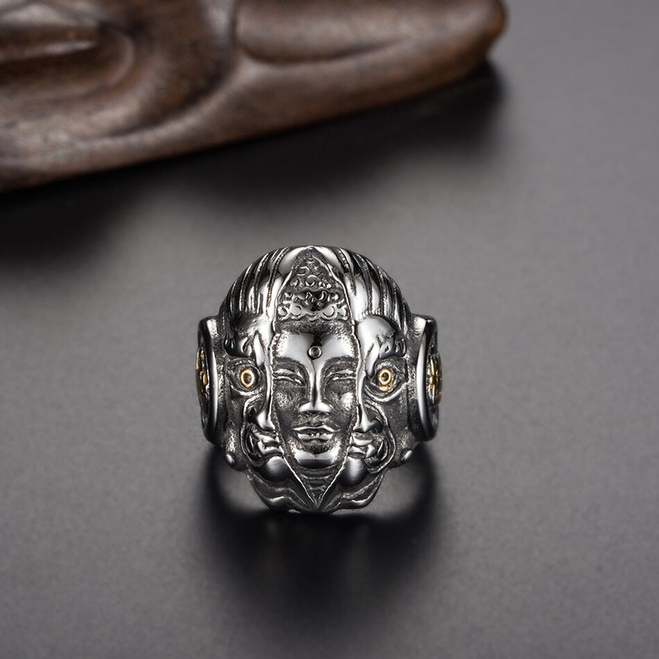 Liumo Punk Stijl Thailand Boeddha Devil Evil Skull 316L Rvs Man Biker Ring Lr331