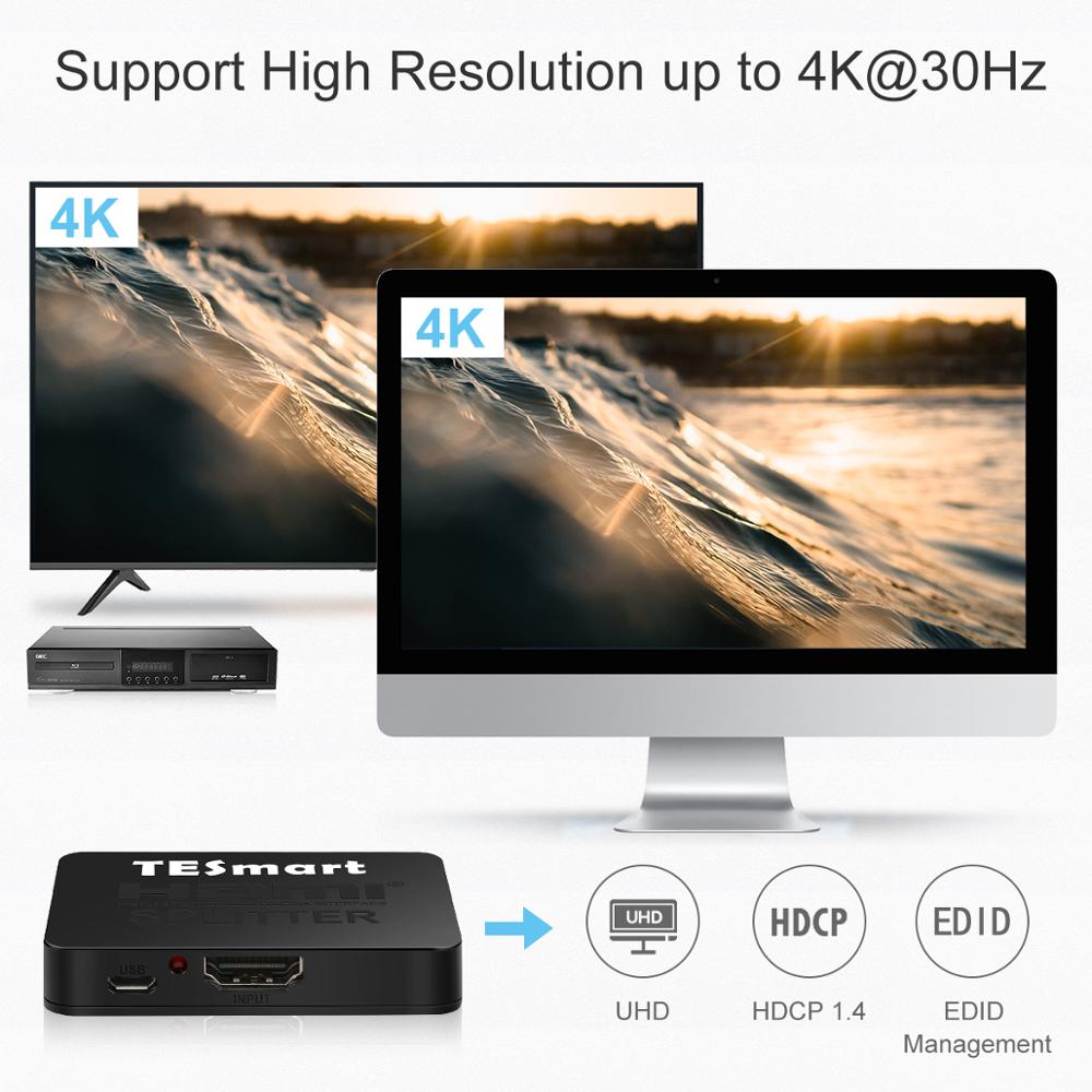 Tesmart ultra  hd 4k @ 30hz 1 x 2 hdmi splitter 1 in 2 ut, hdmi splitter 1 to 2 stöd 4 kx 2k @ 30hz 1080p 3d 2160p för dvd-spelare tv
