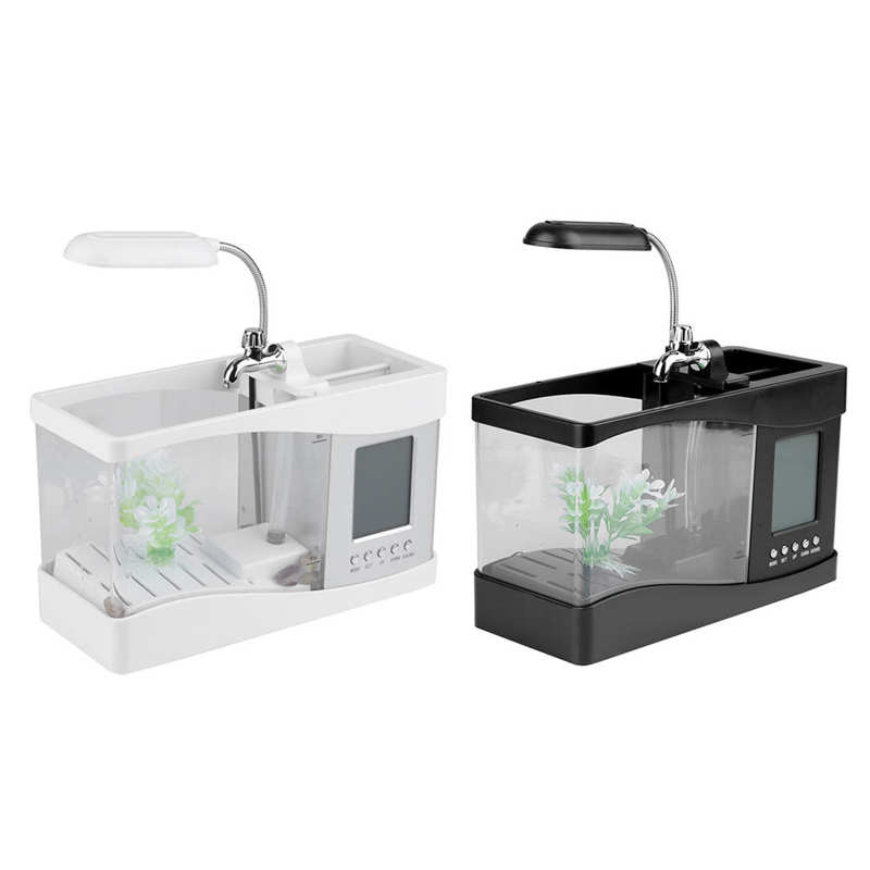 1USB Desktop Mini Aquarium Fish Tank Beta Aquarium with LED Light LCD Display Screen and Clock Fish Tank Decoration with Pebbles