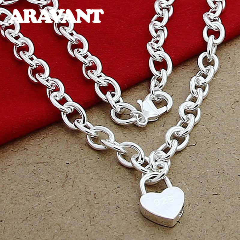 925 Silver Heart Lock Necklaces Chains Women Pendant Necklace Valentines Couple Jewelry