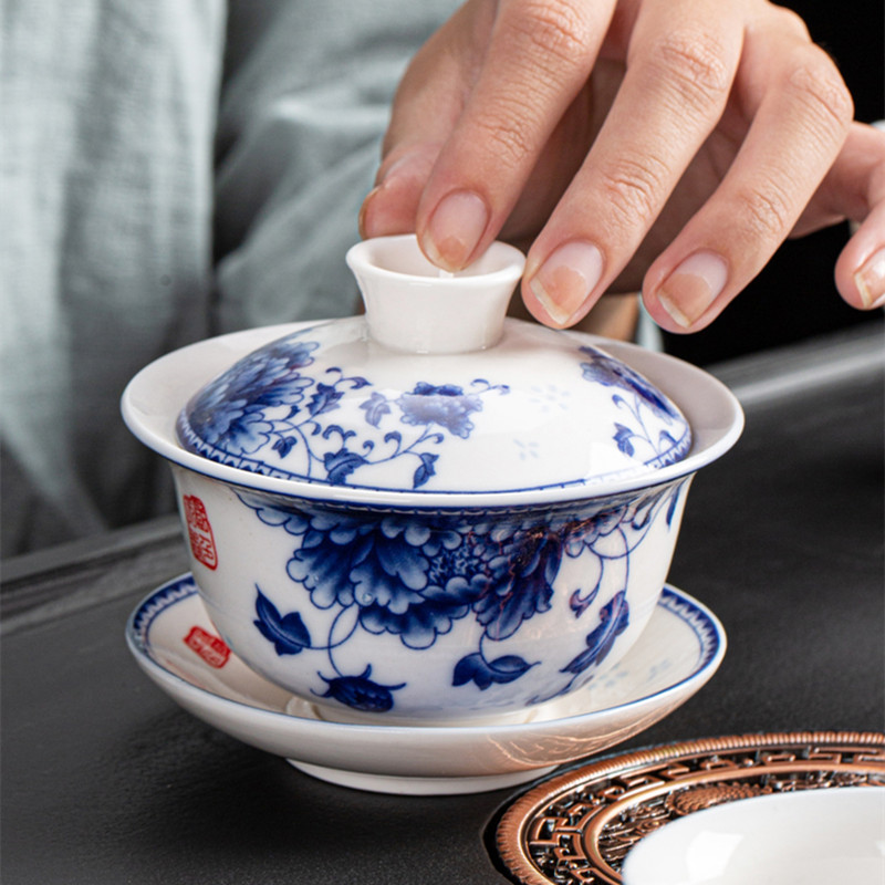 Porcelaine chinoise bleu-blanc gaiwan imprimé floral | Sous la soupière glaçure, tasse, bol, soucoupe, couvercle 150ml en