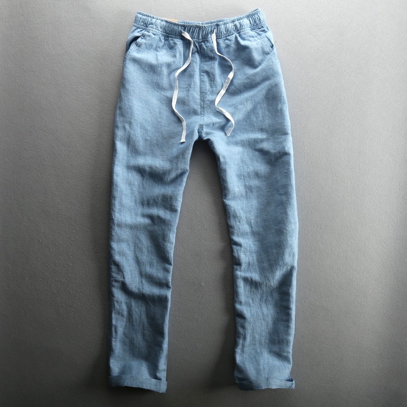 Heren Linnen Katoen Casual Broek - Elastische Tailleband, Loose Fit, Lange Broek
